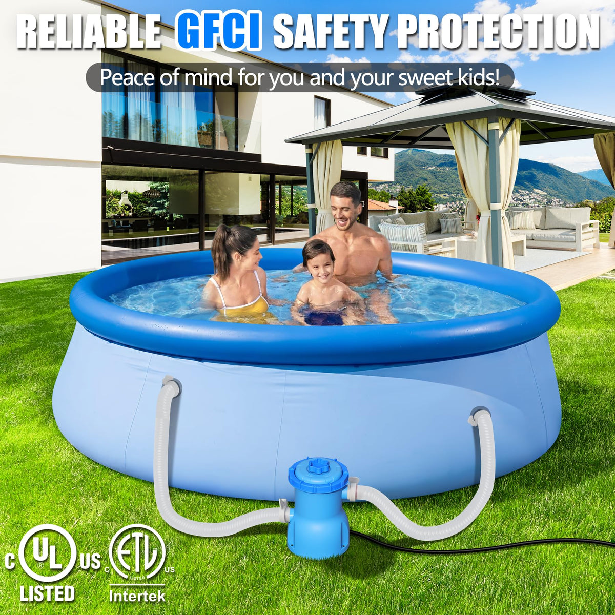 BluClear pool filter pump in use, helps maintain crystal-clear water