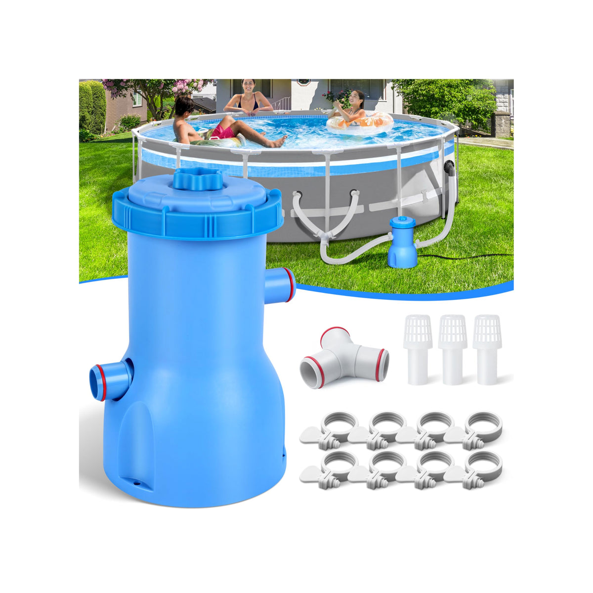 BluClear Basic Series 530 GPH pump front view; strong circulation supports clear water.