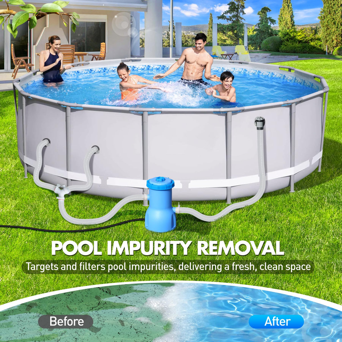 BluClear Basic Series pump side view; compact design saves space.