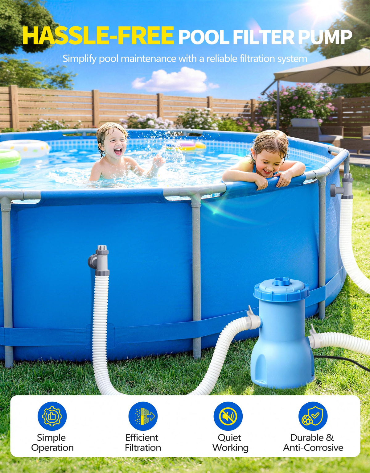 BluClear pump filtration action highlighting debris filtration for crystal-clear water
