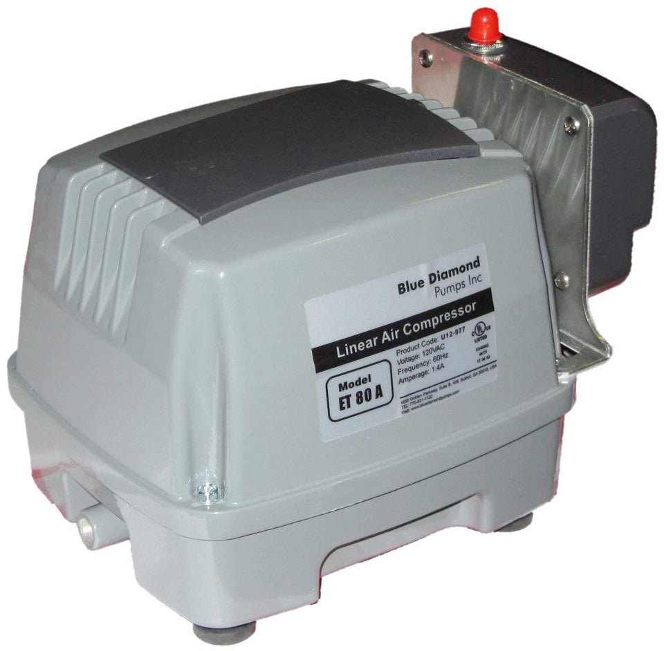 Blue Diamond ETA 80 pump front view showing reliable aeration for septic and pond systems.