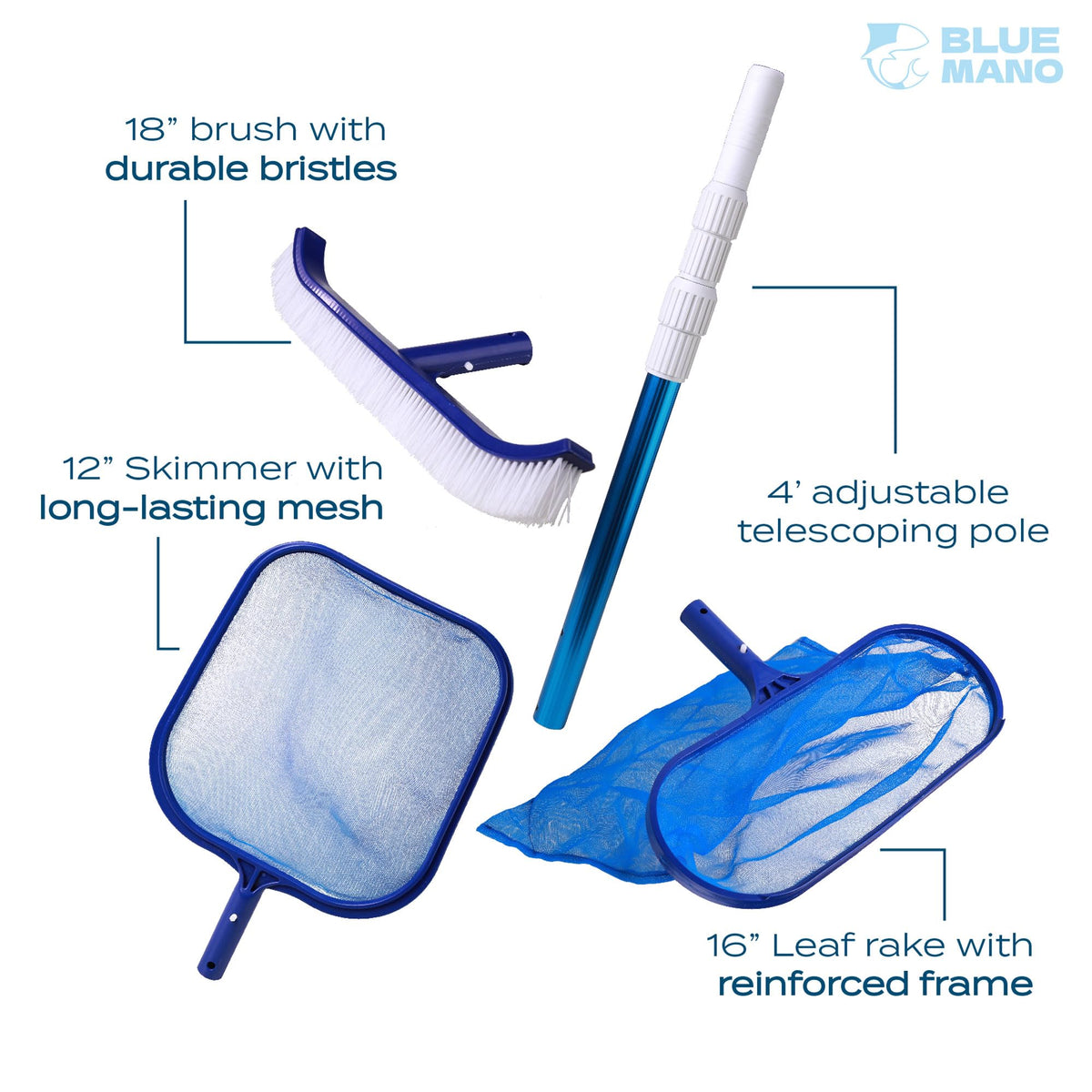 Blue Mano 12-inch leaf skimmer removes surface debris quickly for a sparkling pool.