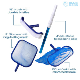 Blue Mano 12-inch leaf skimmer removes surface debris quickly for a sparkling pool.