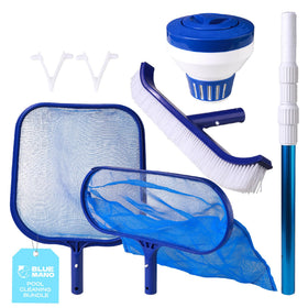 Blue Mano 16-inch leaf rake cleans debris from pool floor and walls with reinforced durability.