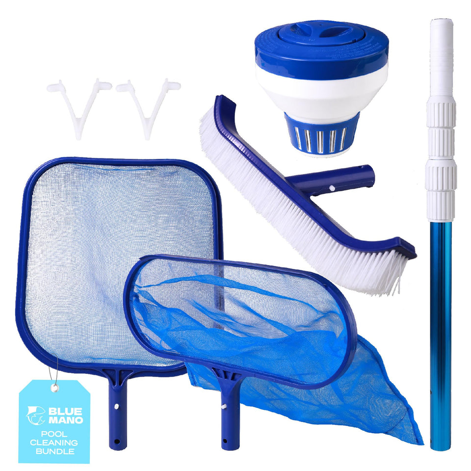 Blue Mano 16-inch leaf rake cleans debris from pool floor and walls with reinforced durability.