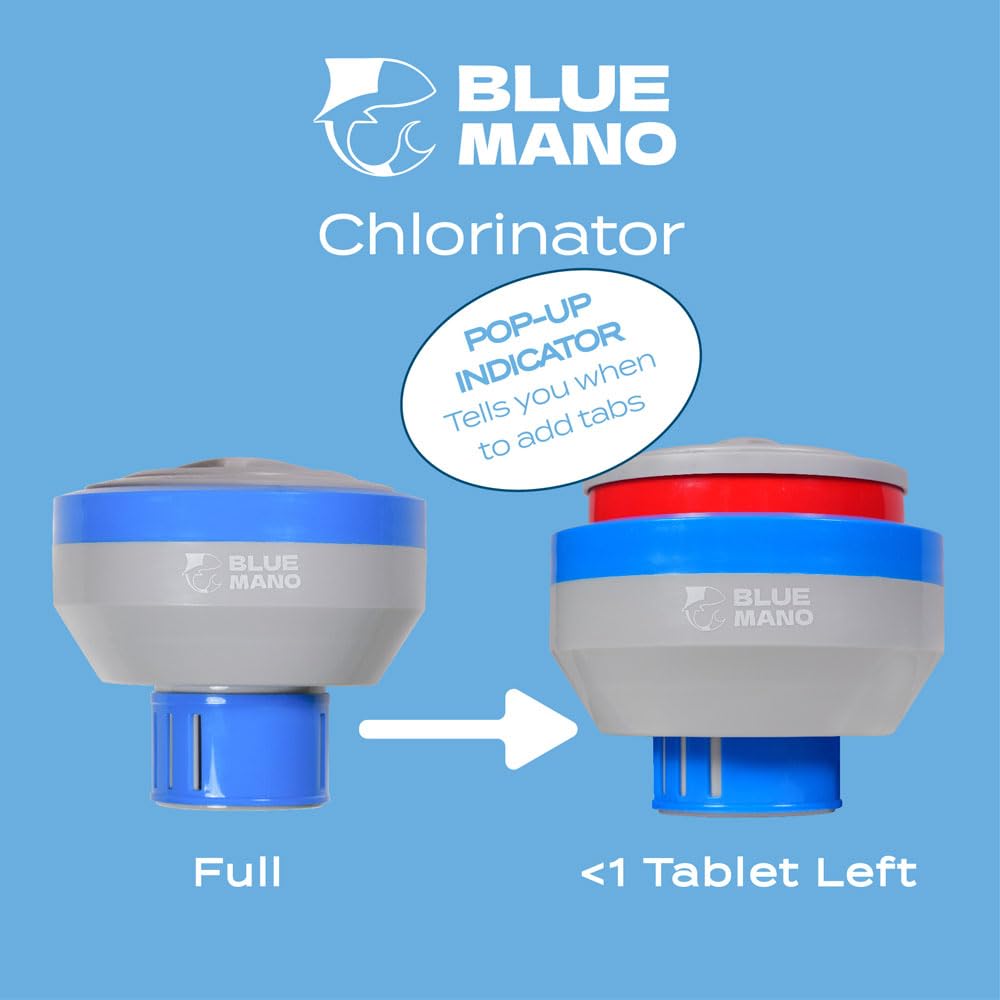 Blue Mano floater 7-inch design complements pool aesthetics while functioning effectively