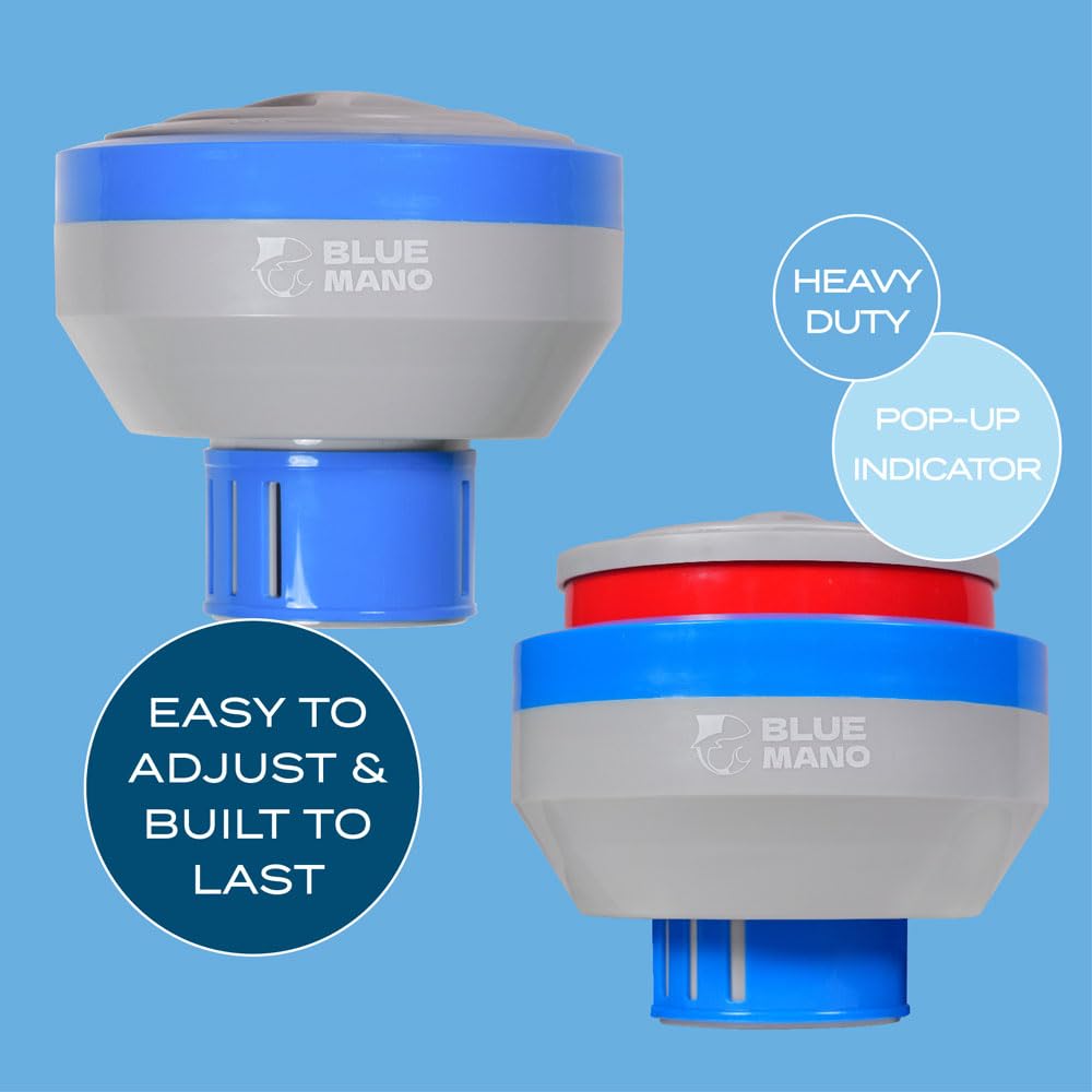 Blue Mano floater large-capacity chamber holds multiple 3-inch tablets for fewer refills