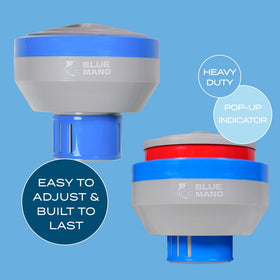 Blue Mano floater large-capacity chamber holds multiple 3-inch tablets for fewer refills
