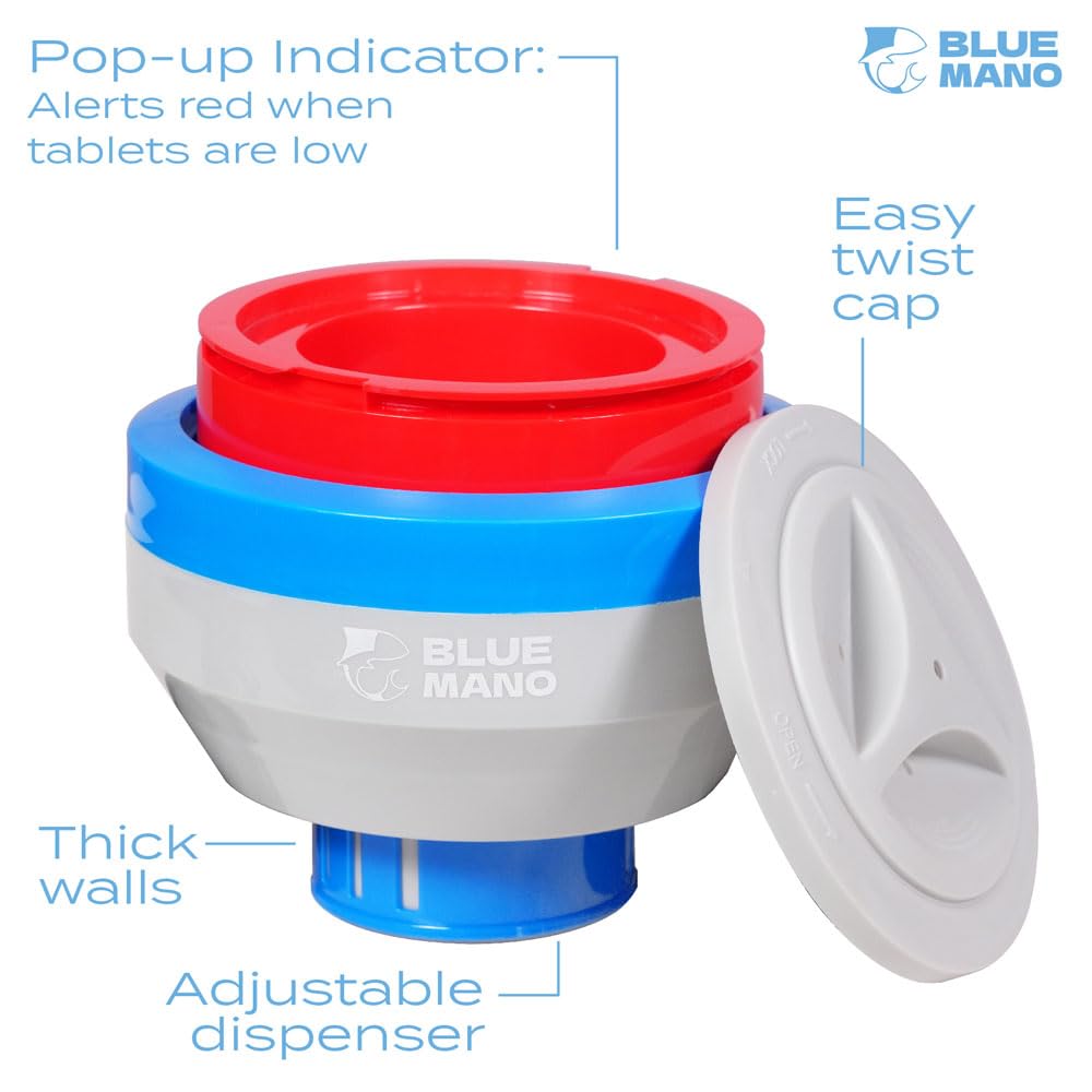 Blue Mano chlorine floater refill-warning indicator shows when tablets are running low