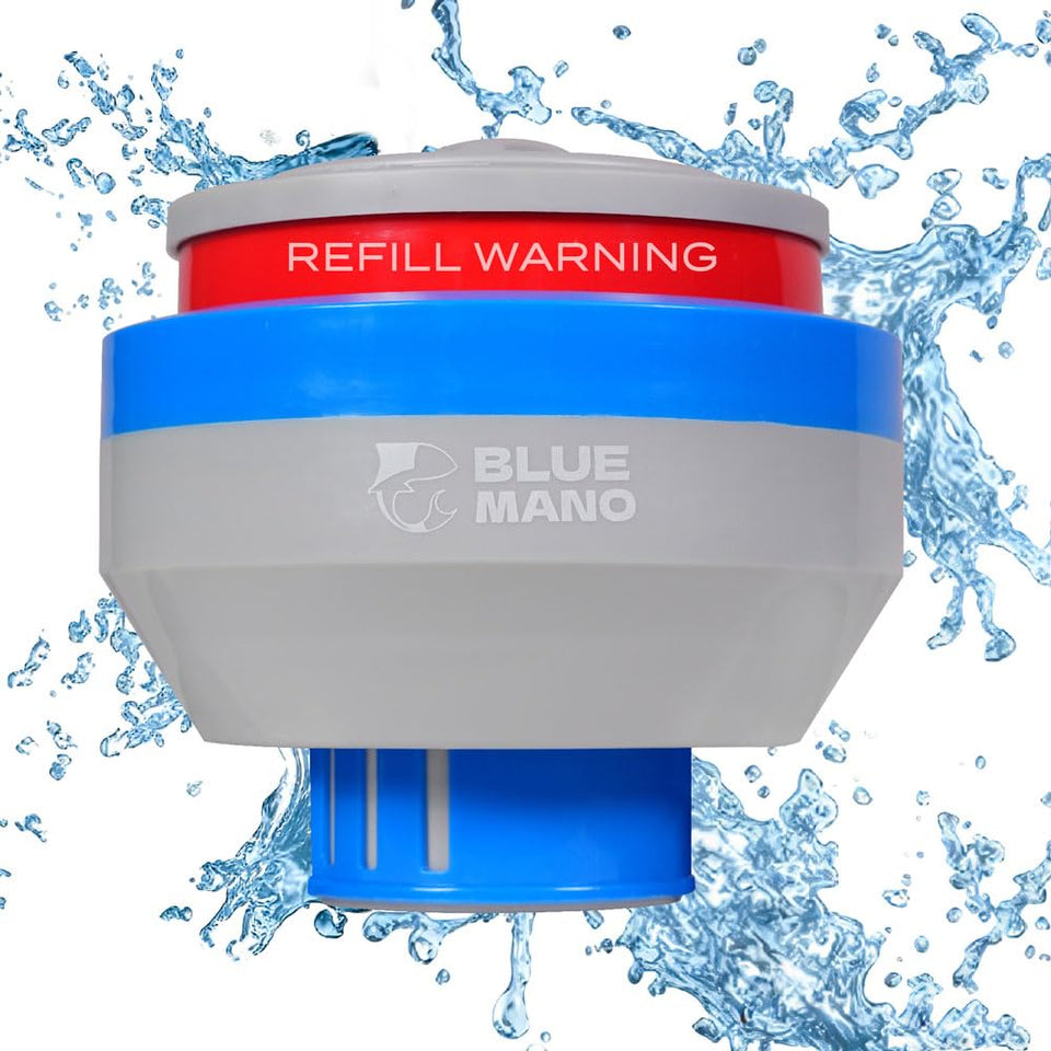 Blue Mano chlorine floater dispenser demonstrates durable design for long pool use