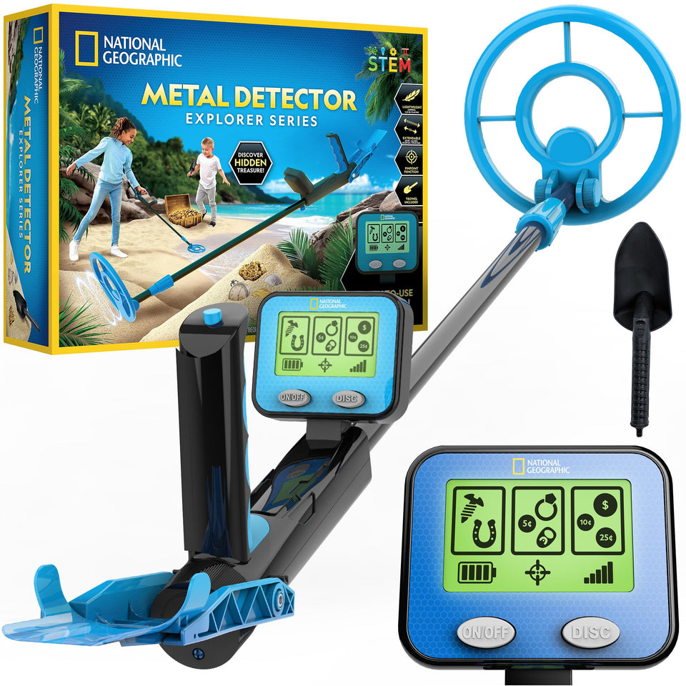 Blue Marble National Geographic Kids Metal Detector with 7.4-in waterproof coil for beach treasure hunts