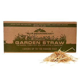 Blue Mountain Hay organic garden straw bag ready for mulch and soil coverage.