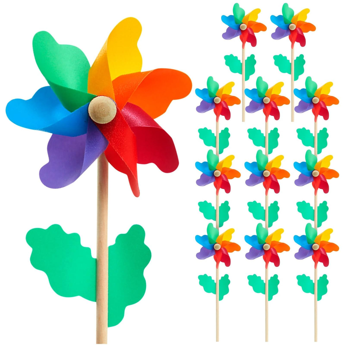 Blue Panda rainbow flower pinwheel glows in sunlight for bright garden decor.