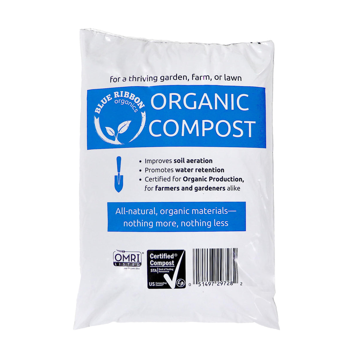 Blue Ribbon Organics compost bag front view for garden enrichment.
