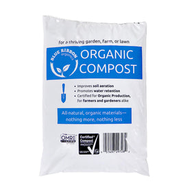 Blue Ribbon Organics compost bag front view for garden enrichment.