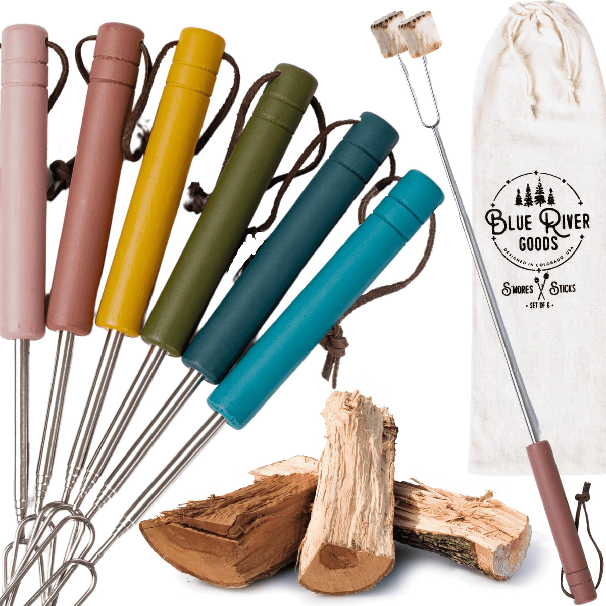 Blue River Goods Smores Sticks extendable 32-inch design for safe marshmallow roasting.