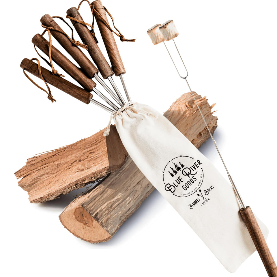 Blue River Goods Smores Sticks extendable handle for safe marshmallow roasting.