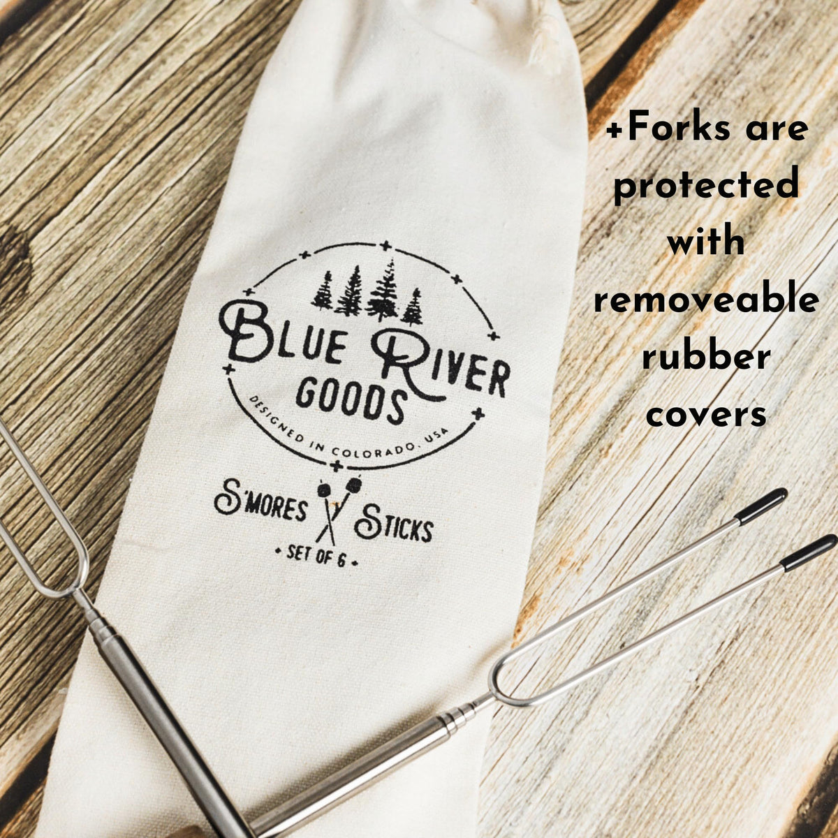 Blue River Goods Smores Sticks heat-resistant stainless steel shafts for cooking.