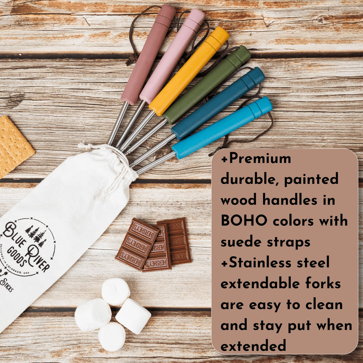 Blue River Goods Smores Sticks heat-resistant handles for safe, comfortable cooking.