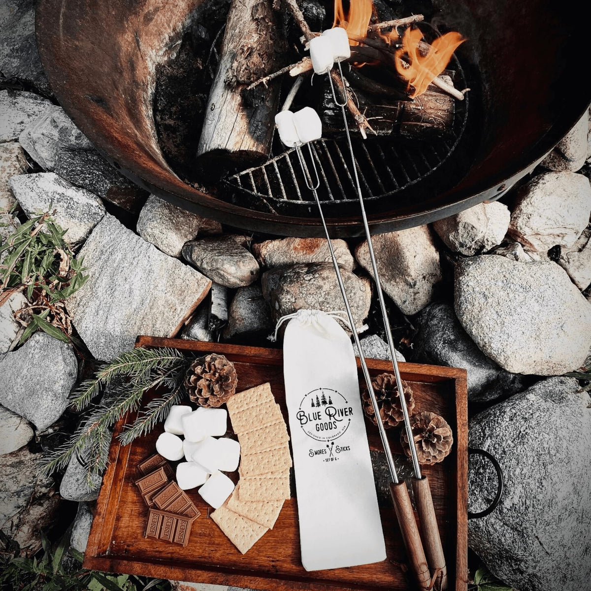 Blue River Goods Smores Sticks kid-friendly stretch for safe roasting.