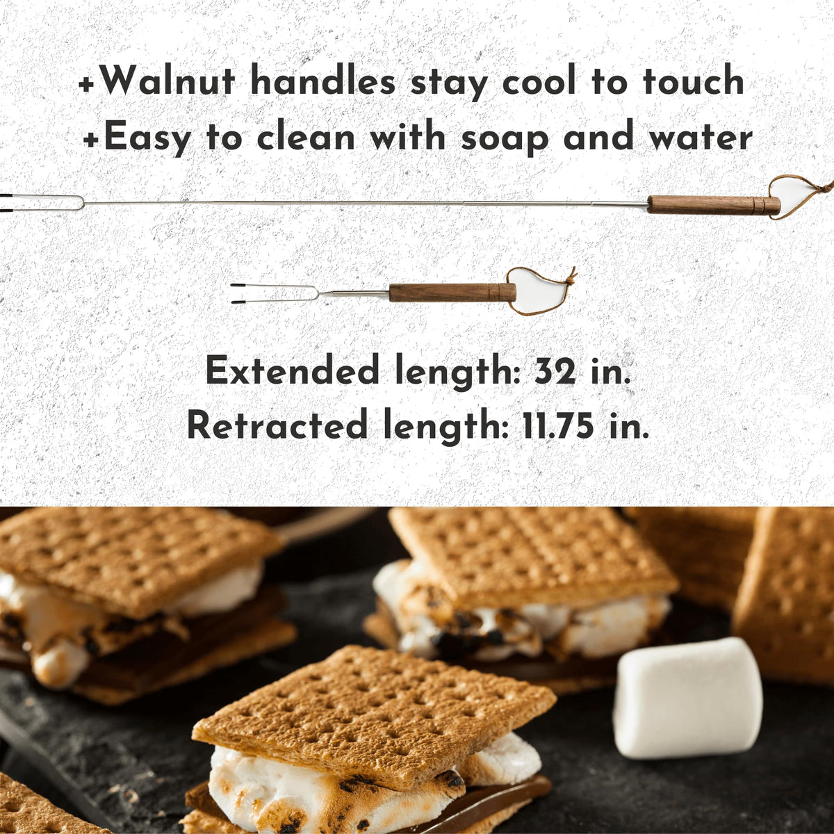 Blue River Goods Smores Sticks stainless steel shafts and extendable design.