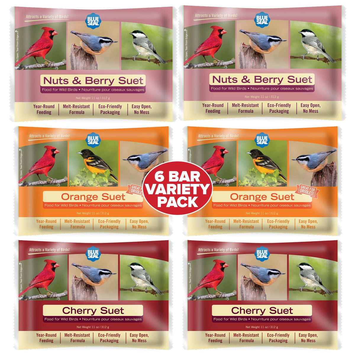 Blue Seal Berry Blend suet cake variety pack shown for year-round feeding.