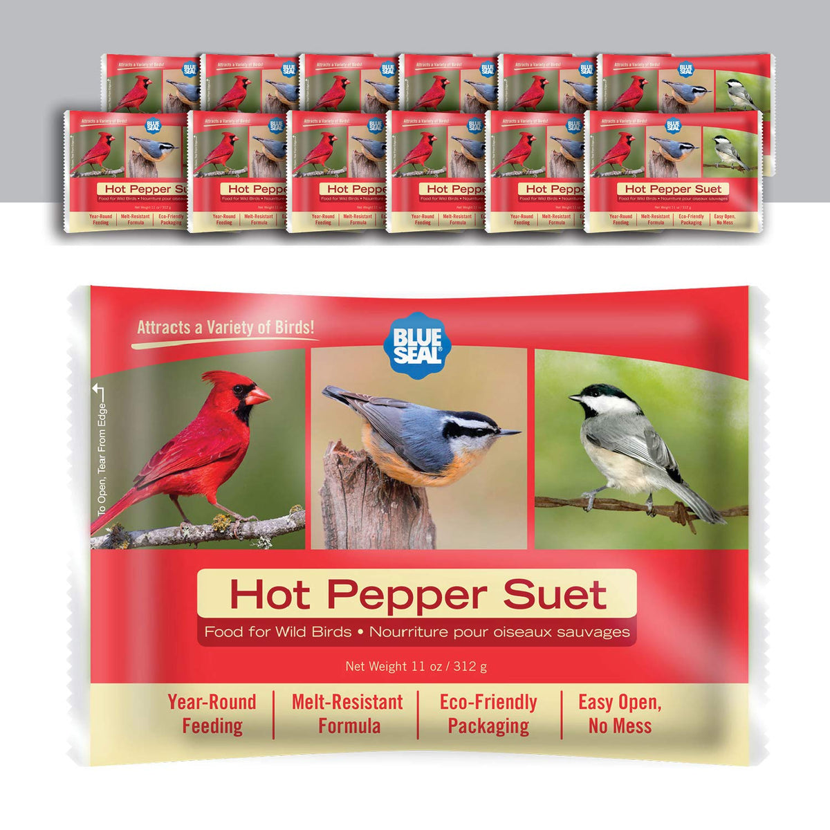 Blue Seal hot pepper suet cake pack promotes mess-free backyard feeding