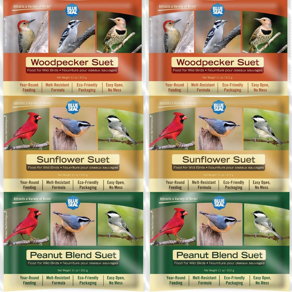 Blue Seal Nut Feast Suet Cake packaging highlights six-flavor variety for year-round feeding.