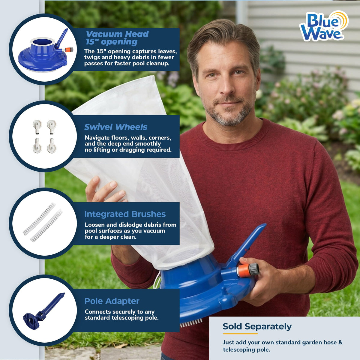 Blue Wave Leaf Bagger brush attachments aid debris removal from edges.