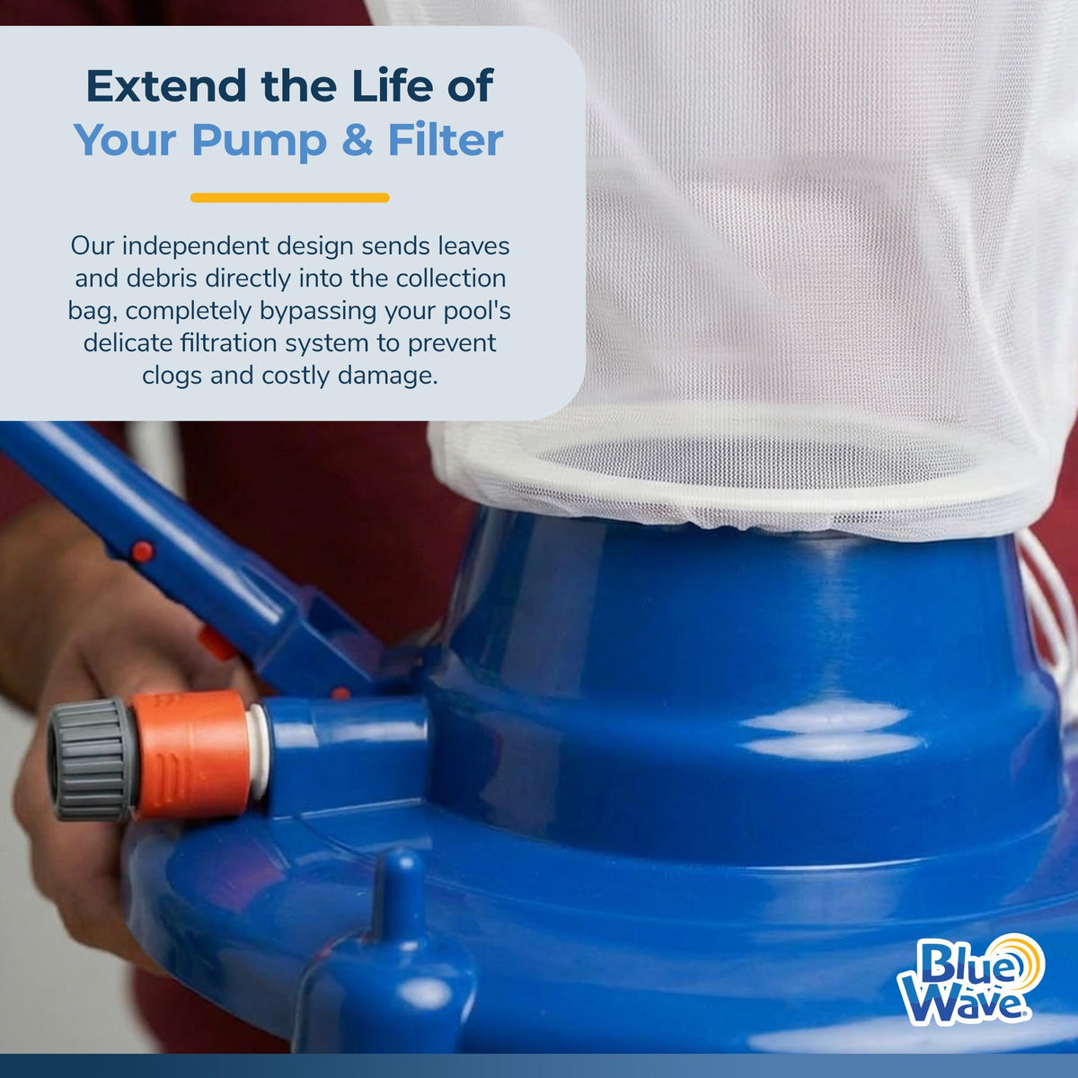 Blue Wave Leaf Bagger swivel wheels enable smooth pool navigation.