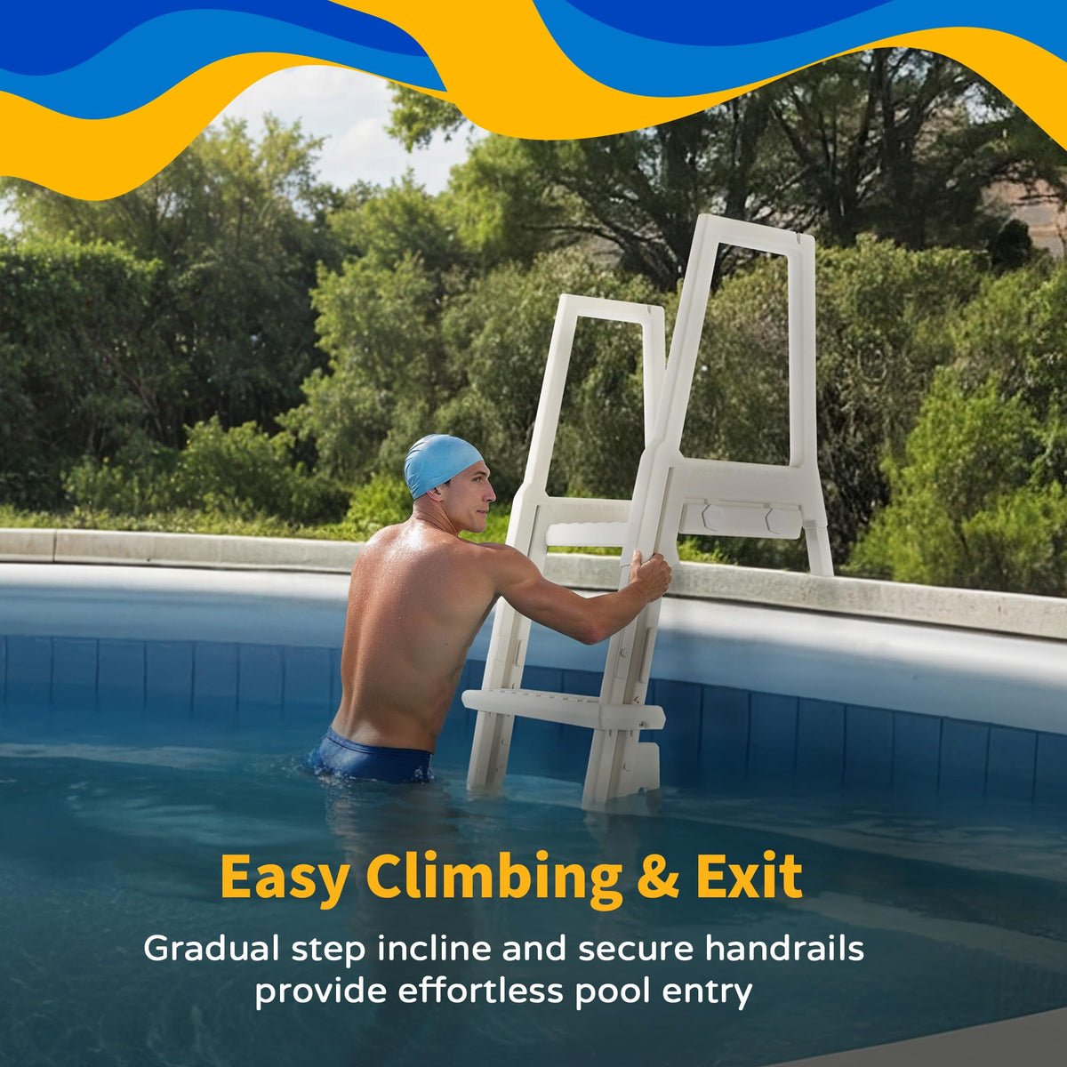 Blue Wave NE1175 white ladder at pool edge emphasizing rust-free resin