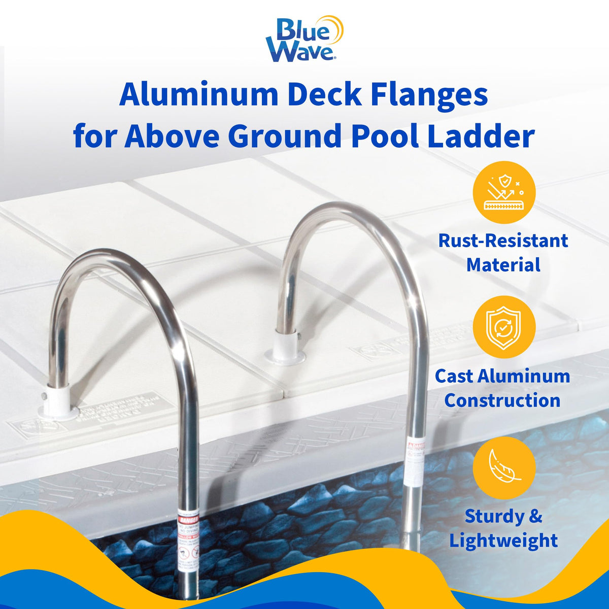 Blue Wave aluminum deck flanges secure standard pool ladders with a sturdy mount