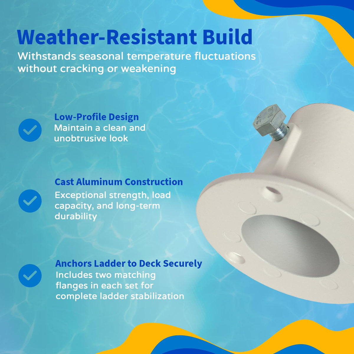 Blue Wave deck flanges deliver a rigid, permanent ladder mount on pool decks