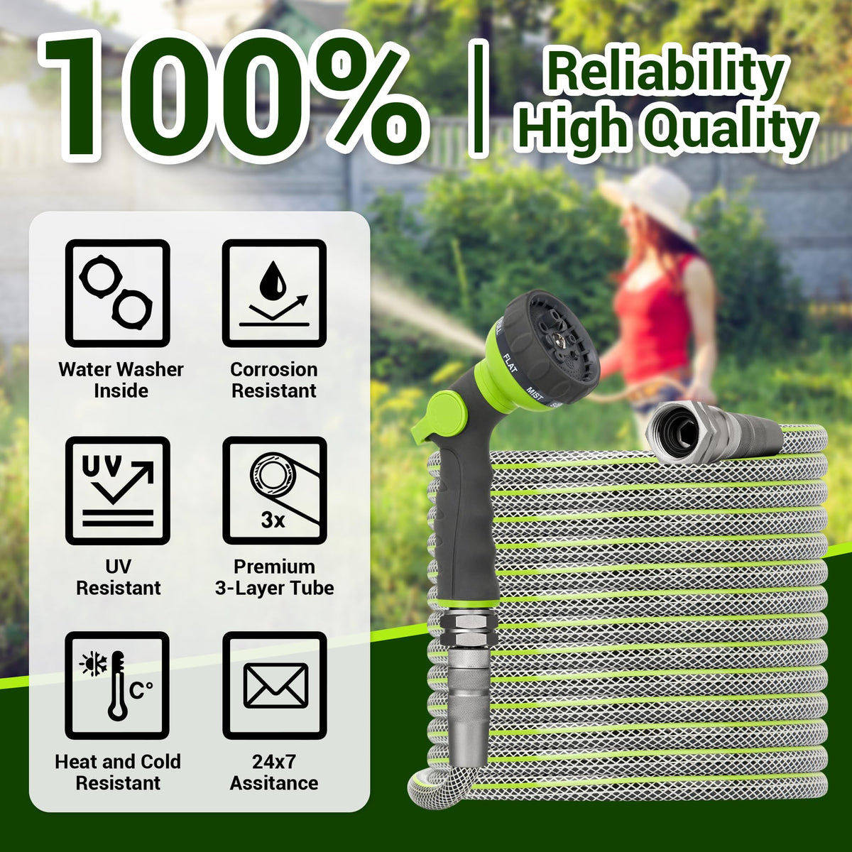 BlueBala hose includes nozzle and washers for quick, leak-free setup.