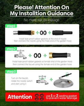 BlueGarden longer-length hoses include nozzles for adjustable spray patterns.
