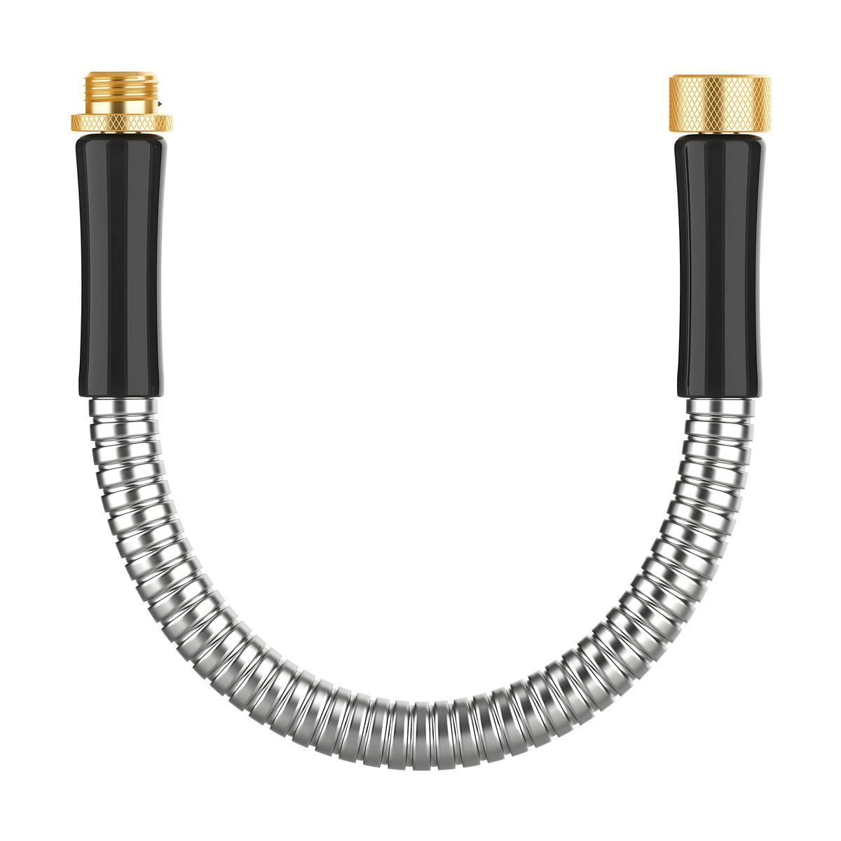 BlueGarden short metal hose 1ft connector close-up, durable stainless steel for lasting outdoor use.