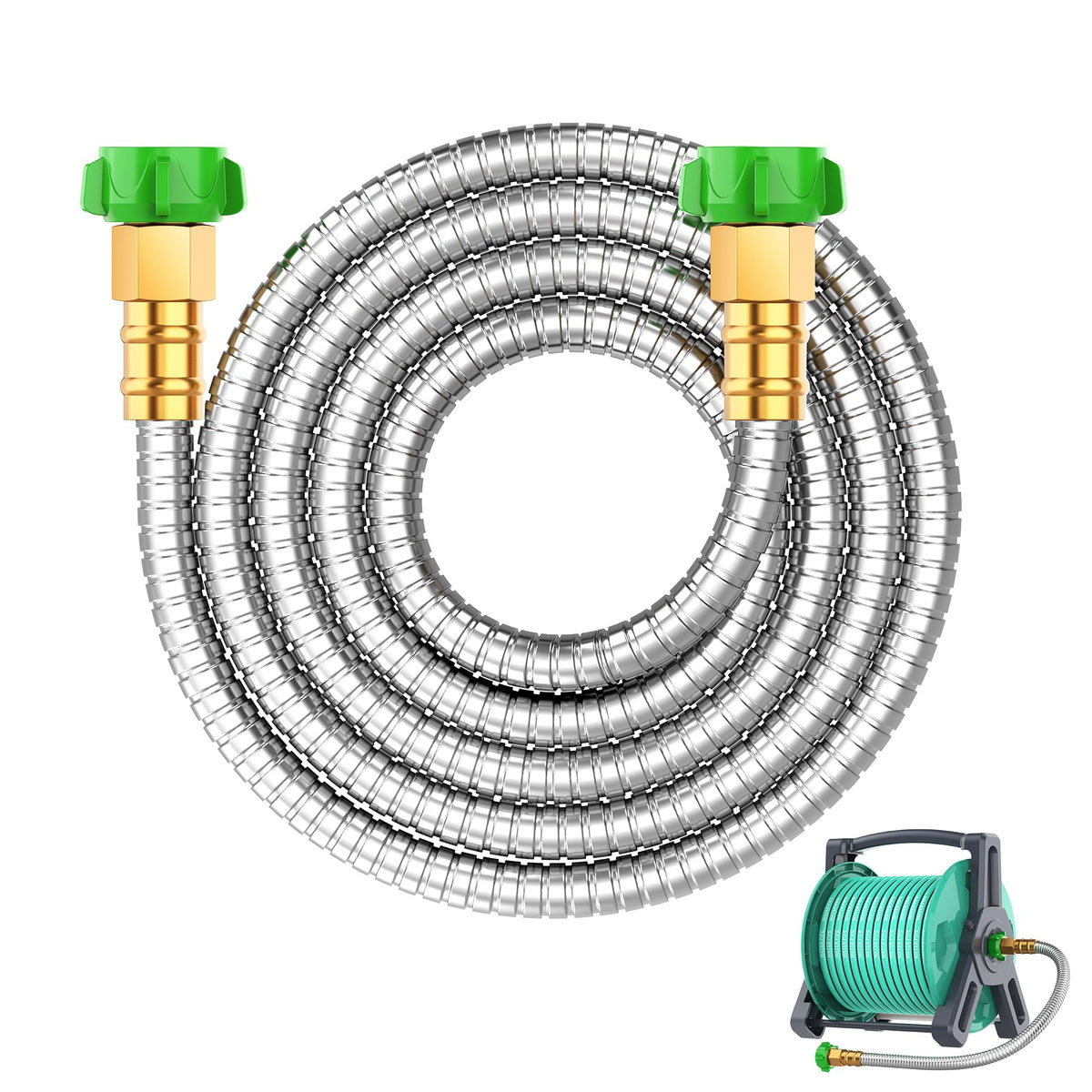 BlueGarden short metal garden hose with female-to-female connector for easy reel setup