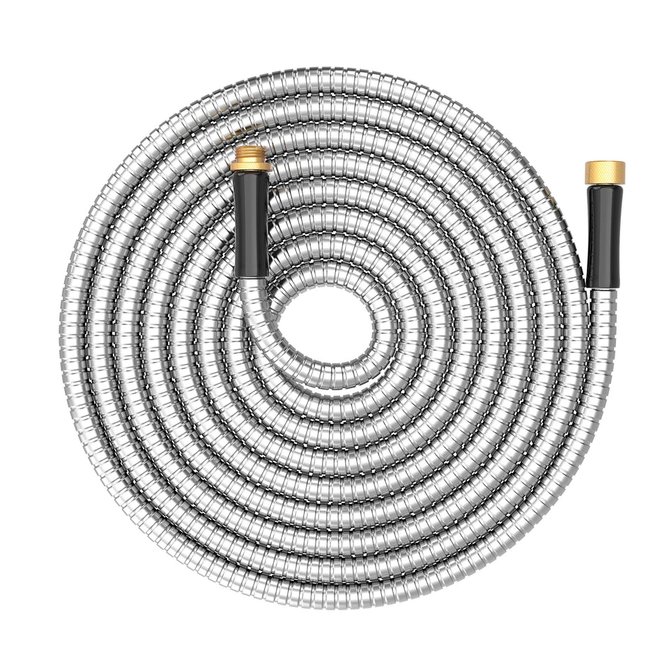 BlueGarden short metal hose 15ft coiled for easy storage and quick watering