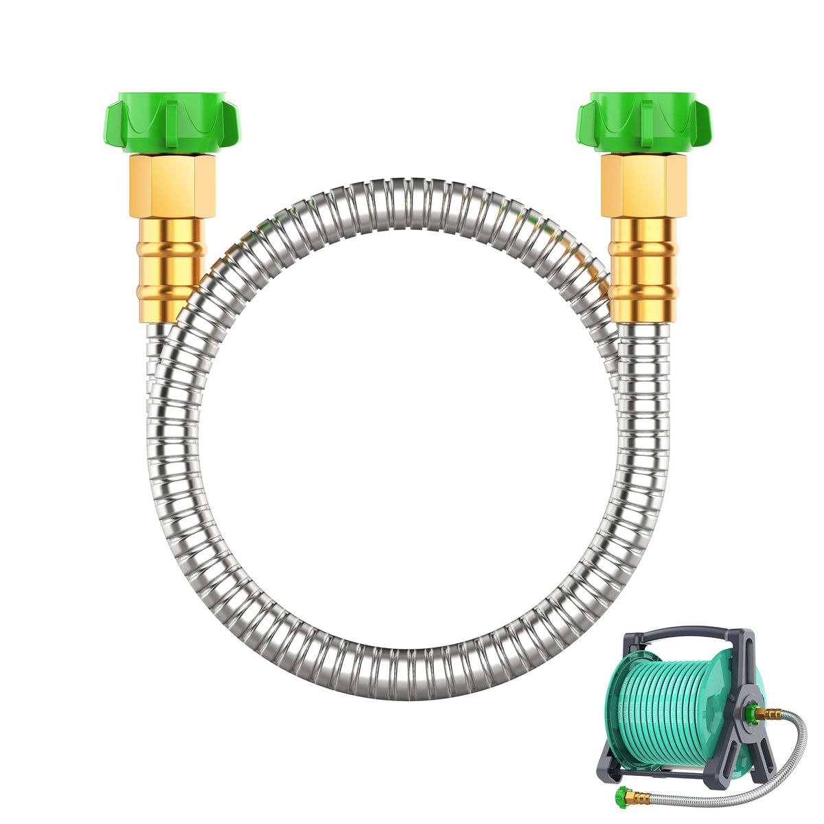 BlueGarden short metal hose with female-to-female connector enables easy hose extensions for reels.