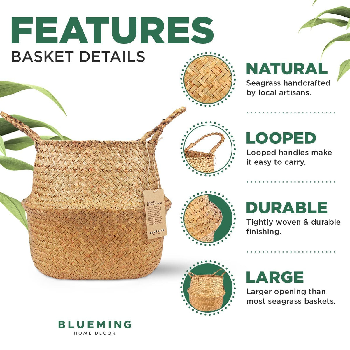 Blueming Home Decor woven wicker planter basket closeup shows durable, lightweight craftsmanship.