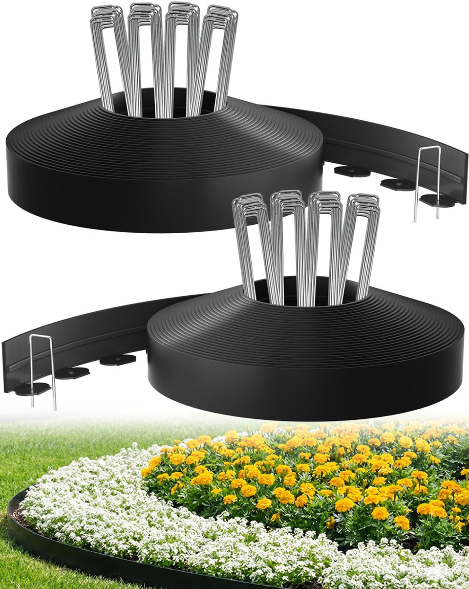 Bluepro landscape edging with 150 steel stakes secures borders in tough soil.