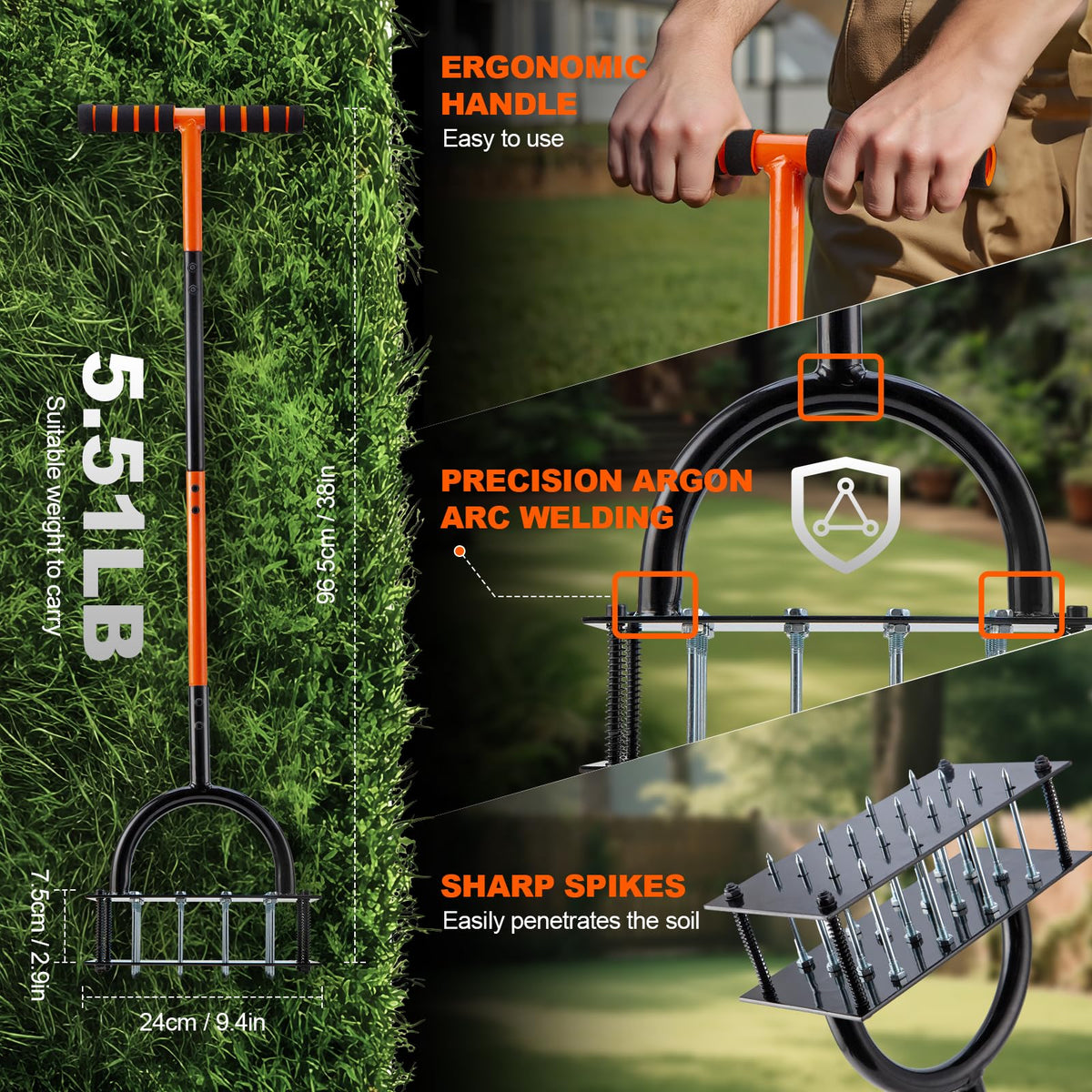Bluesea ergonomic T-handle provides comfortable grip during aeration.