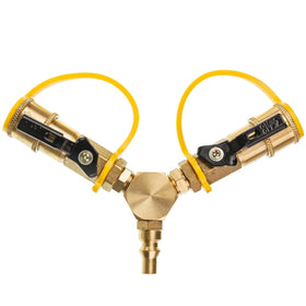 BlueStars 1/4-in quick-connect Y splitter enables dual RV appliances with secure shutoff.