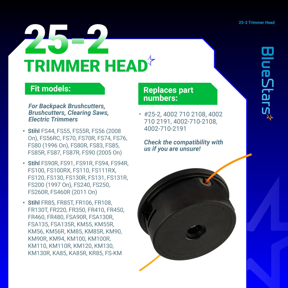 BlueStars 25-2 trimmer head bump-feed action in use against dense grass.