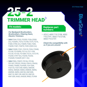 BlueStars 25-2 trimmer head bump-feed action in use against dense grass.
