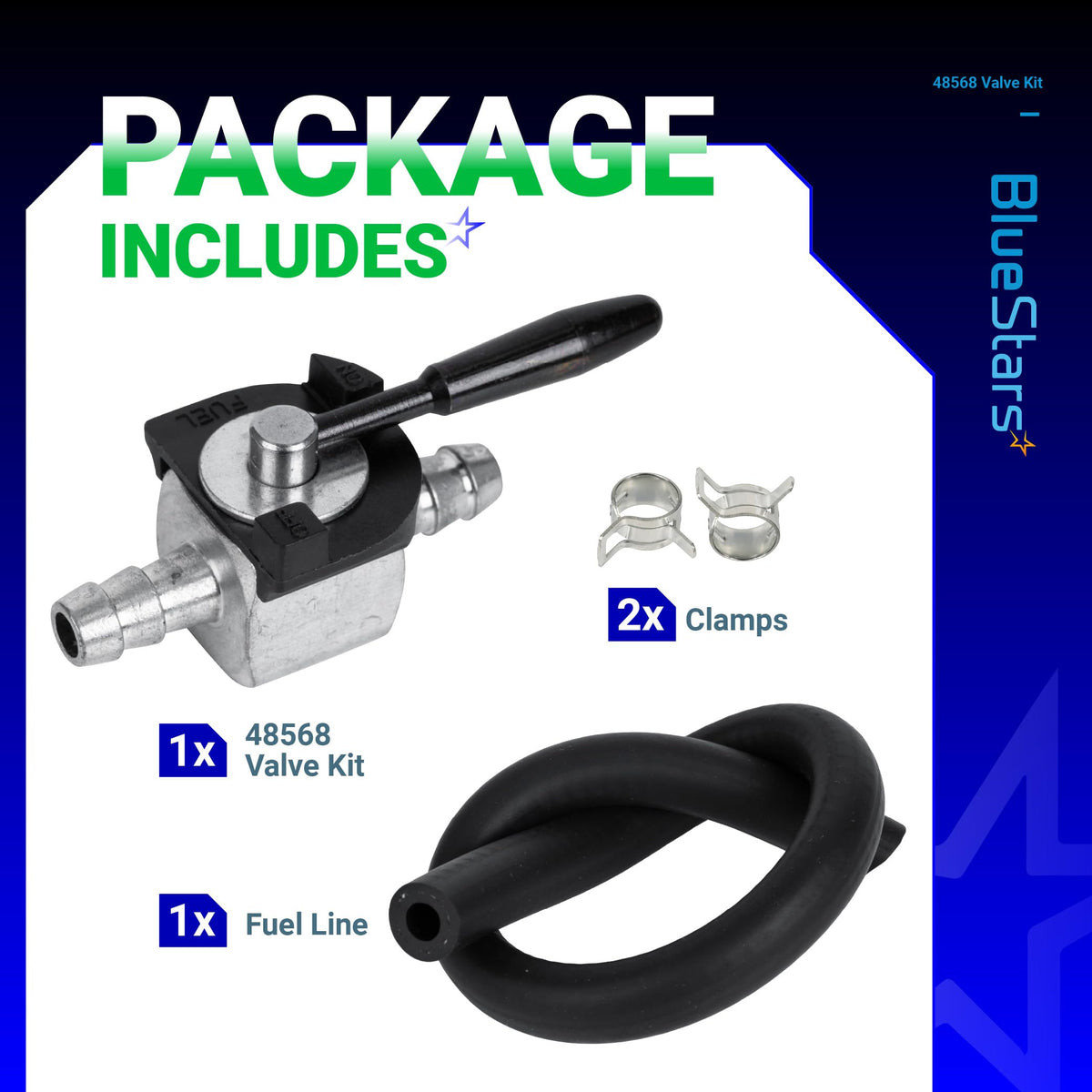 BlueStars 48568 fuel line kit demonstrates compatibility with lawn equipment.