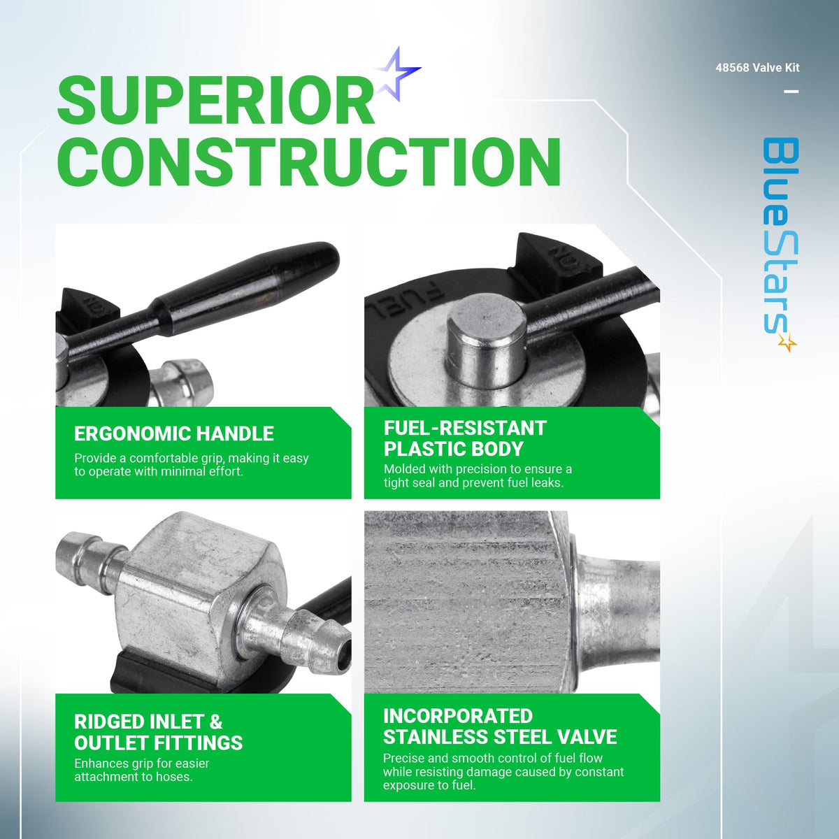 BlueStars 48568 valve close-up highlighting durable materials.