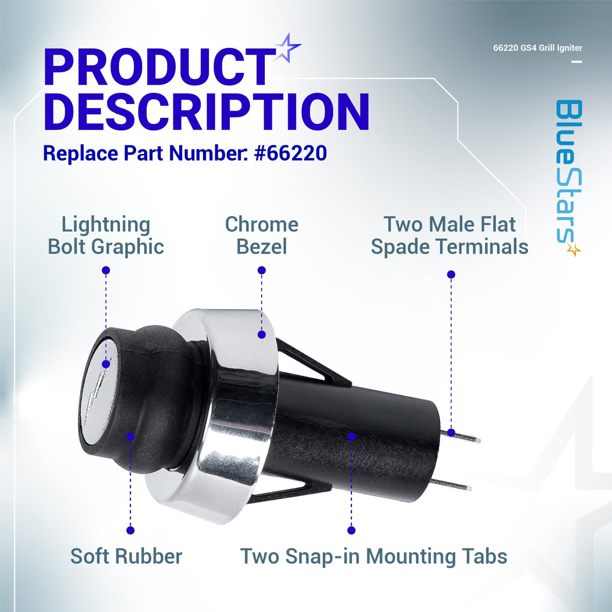 BlueStars 66220 button cap detail highlights chrome finish and corrosion resistance.