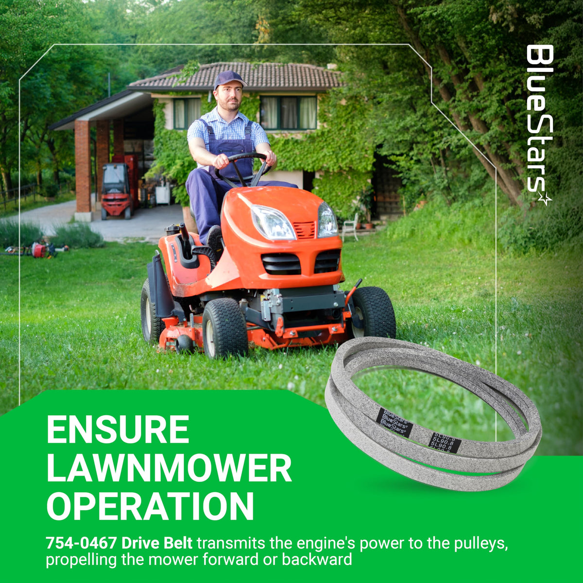 BlueStars 954-0467A belt packaging highlighting broad mower compatibility.