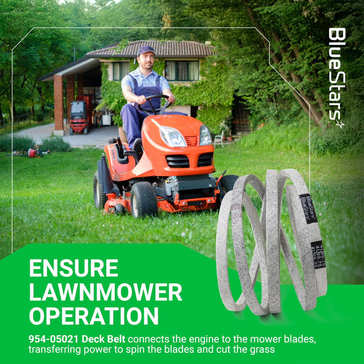 BlueStars 954-05021 belt uses aramid cord for durable performance in tough mowing.